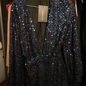 Navy Sequin Plunge Long Sleeve Bodycon Dress